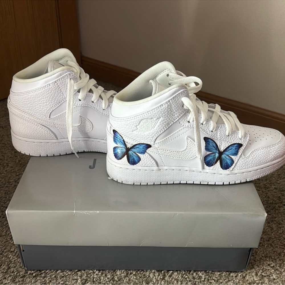 White Jordan’s with Blue Butterfly Design
